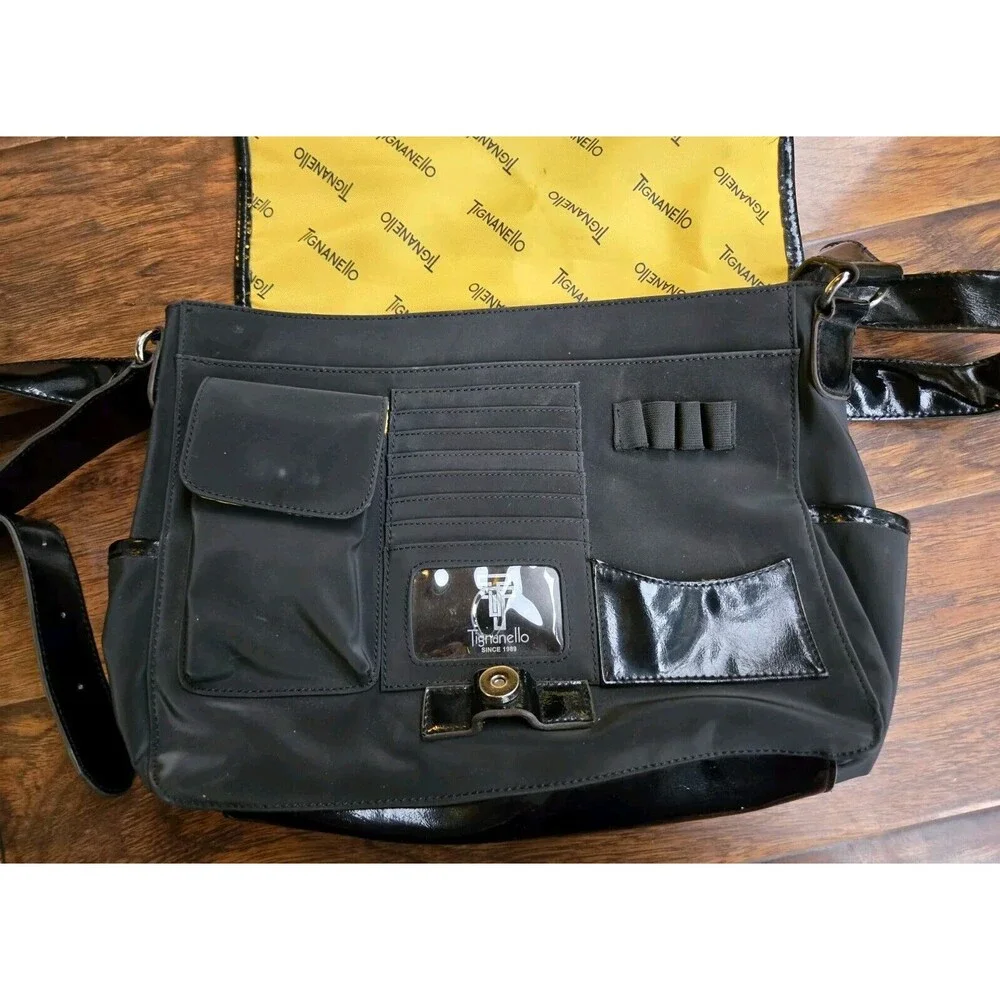 Tignanello Messenger Shoulder Bag Black Yellow Interior Laptop Computer Purse